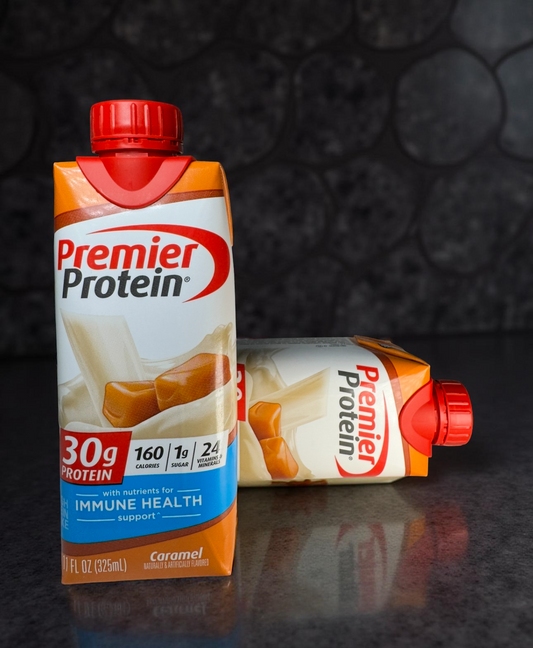P3: Premier Protein Batido, Caramelo, 11.5 Oz líq. (325 ml), 30 grs de proteína. (caja de 15 uds.)